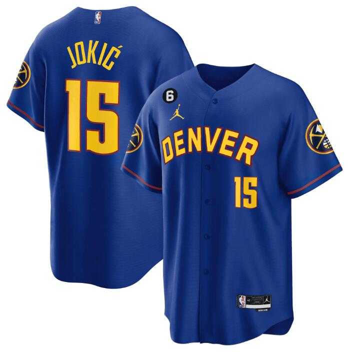 Men%27s Denver Nuggets #15 Nikola Jokic Blue With No.6 Patch Stitched Jersey Dzhi->denver nuggets->NBA Jersey